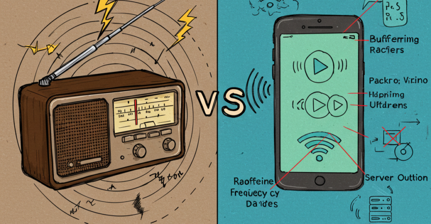 Perbandingan radio streaming vs radio analog dengan gangguan sinyal.