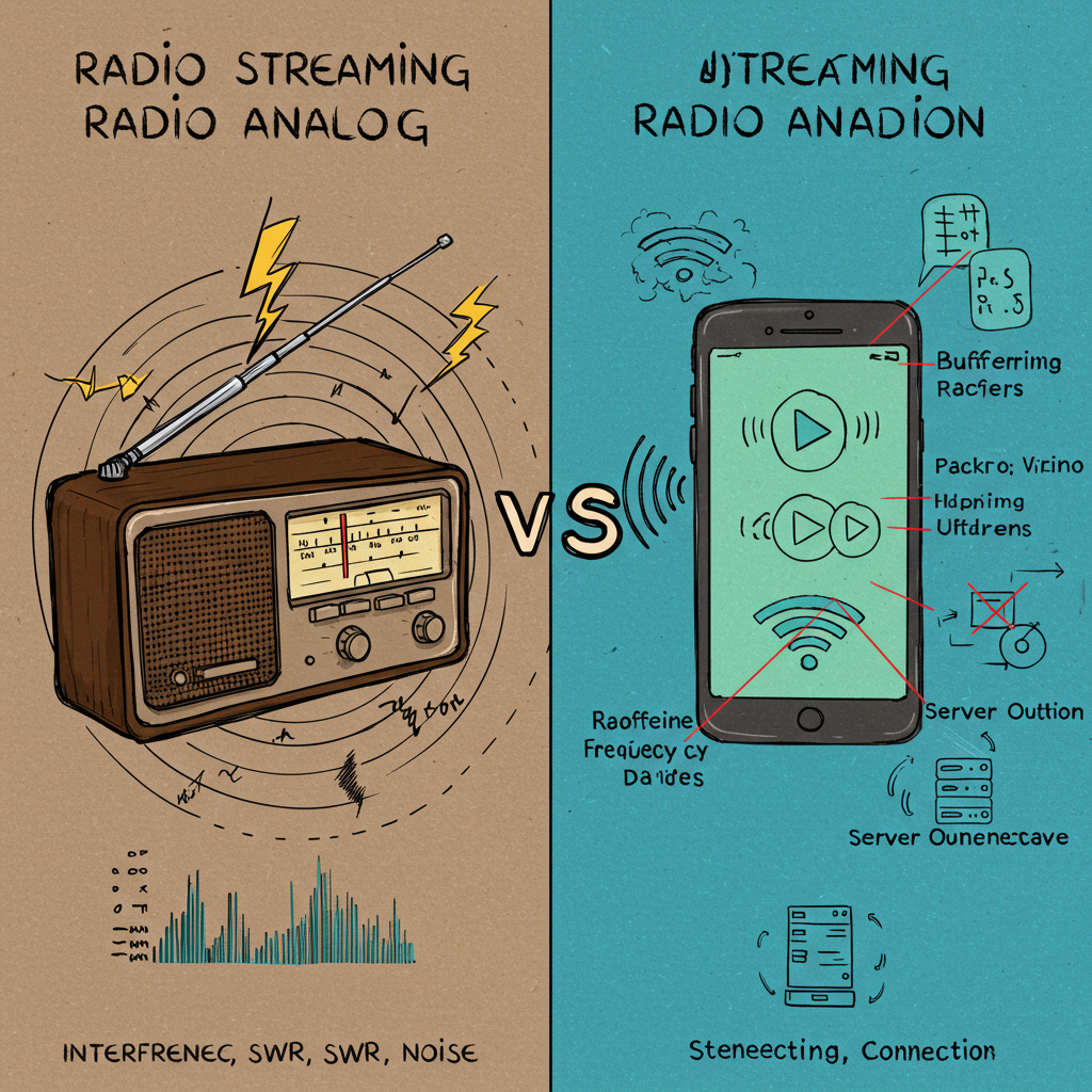 Perbandingan radio streaming vs radio analog dengan gangguan sinyal.